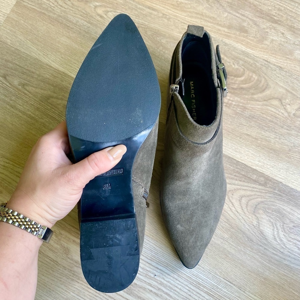 Marc Fisher Green/Gray Suede Pointed Ankle Boots w/ Buckle, Western Style, NWT - Picture 7 of 8